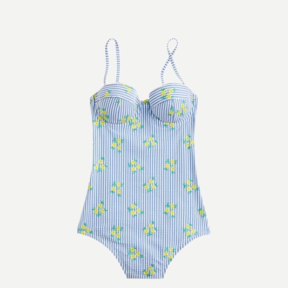 J Crew One-Piece Swimsuit Seersucker Embroidered Floral Blue White Stripes 2